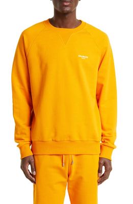 Balmain Flocked Logo Cotton Sweatshirt in Bright Orange/White