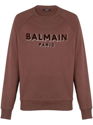 Balmain flocked-logo cotton T-shirt - Brown