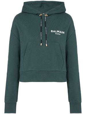 Balmain flocked-logo cropped hoodie - Green