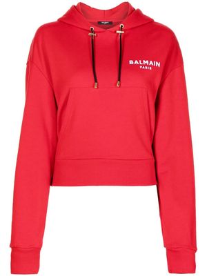 Balmain flocked-logo cropped hoodie - Red