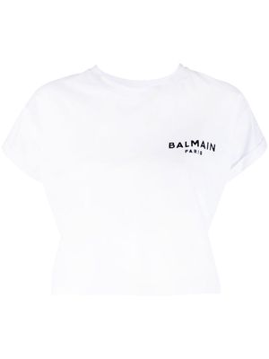 Balmain flocked-logo cropped T-shirt - White