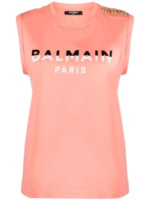 Balmain flocked-logo organic-cotton tank top - Pink