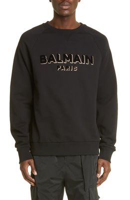 Balmain Flocked Metallic Logo Cotton Graphic Sweatshirt in Black/Gold