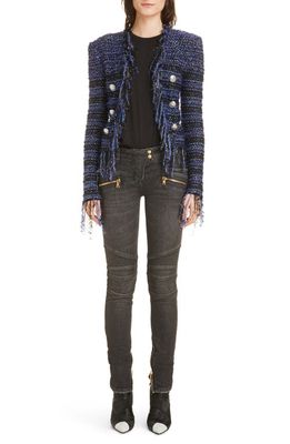 Balmain Fringe Metallic Tweed Jacket in Bleu Klein /Noir