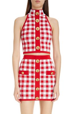 Balmain Gingham Mock Neck Knit Crop Top in Mef Red/White at Nordstrom, Size 8 Us