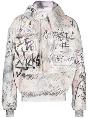 Balmain graffiti-print aviator leather jacket - White