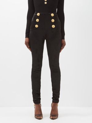 Balmain - High-rise Buttoned Velvet Skinny Trousers - Womens - Black