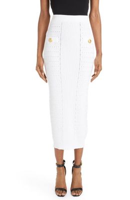 Balmain High Waist Knit Midi Skirt in White
