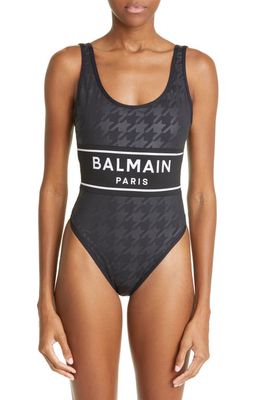 Balmain Houndstooth Check Logo One-Piece Swimsuit in Black/Black