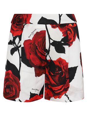 Balmain Hw Red Roses Print Satin Shorts