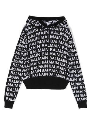 Balmain Kids all-over monogram knit hoodie - Black