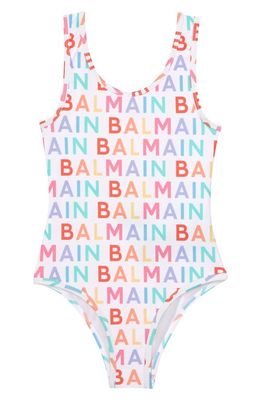 Balmain Kids' Allover Logo One-Piece Swimsuit in 100Mc Wht/Mltcl