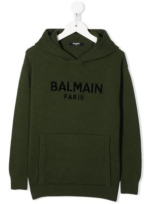 Balmain Kids chest-logo hooded knitted jumper - Green