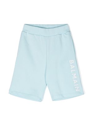 Balmain Kids embossed-logo cotton shorts - Blue