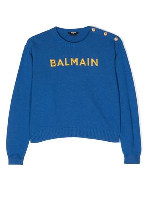 Balmain Kids embroidered-logo crew-neck jumper - Blue