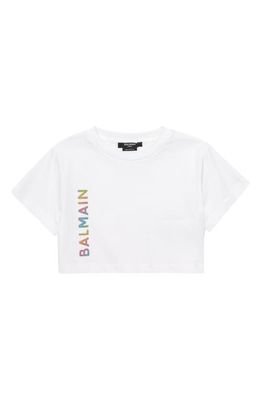 Balmain Kids' Glitter Logo Crop Cotton Graphic Tee in 100 White