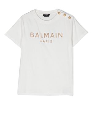 Balmain Kids glitter-logo lion-stud T-shirt - White