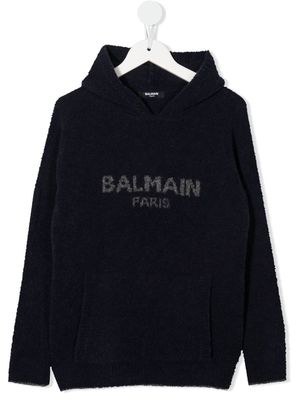 Balmain Kids intarsia-knit logo hooded jumper - Blue