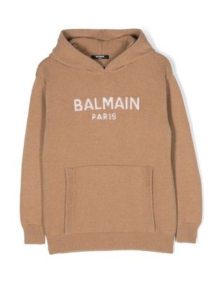 Balmain Kids intarsia-knitted logo hoodie - Brown