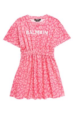 Balmain Kids' Leopard Print Gathered Cotton Dress in 561Rs Pink
