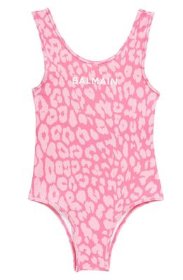 Balmain Kids' Leopard Print One-Piece Swimsuit in 561Rs Pink
