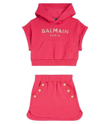 Balmain Kids Logo cotton fleece hoodie and skirt set