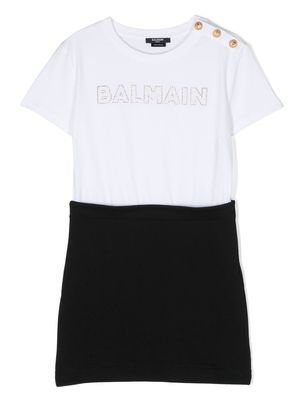 Balmain Kids logo embellished cotton dress - White
