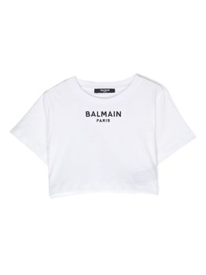 Balmain Kids logo-embroidered cropped T-shirt - White