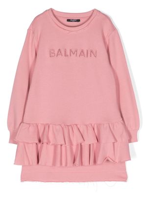 Balmain Kids logo-embroidered ruffled dress - Pink
