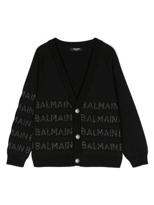 Balmain Kids logo-intarsia embossed-buttons cardigan - Black