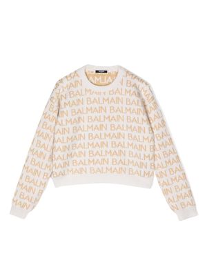 Balmain Kids logo-intarsia-knit jumper - White