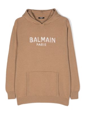 Balmain Kids logo intarsia-knit wool-cashmere blend hoodie - Brown