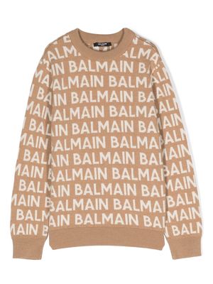 Balmain Kids logo-intarsia knitted jumper - Neutrals