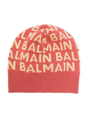 Balmain Kids logo-intarsia ribbed-trim beanie - Red