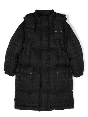 Balmain Kids logo-jacquard hooded coat - Black