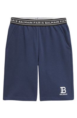 Balmain Kids' Logo Jacquard Waistband Sweat Shorts in Navy