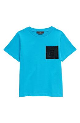 Balmain Kids' Logo Mesh Pocket Cotton T-Shirt in Blue