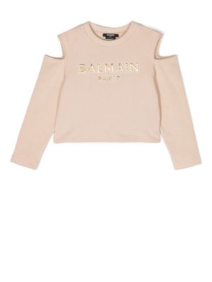 Balmain Kids logo-patch cut-out sweatshirt - Brown