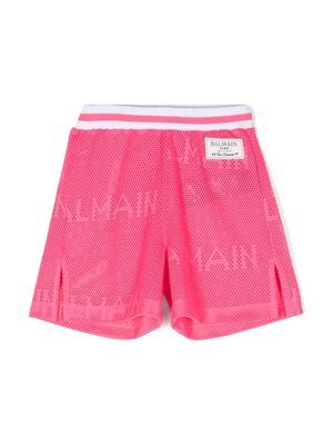 Balmain Kids logo-patch mesh shorts - Pink