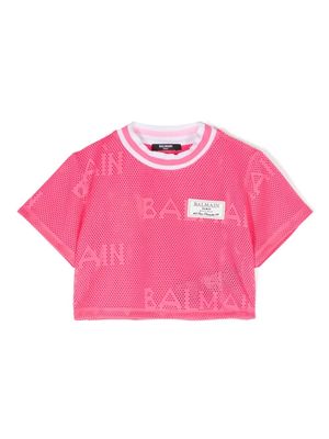 Balmain Kids logo-patch mesh T-shirt - Pink