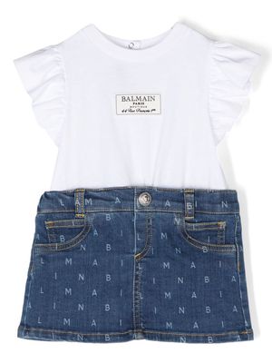 Balmain Kids logo-patch panelled romper - White