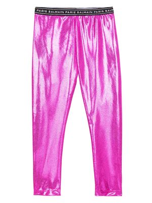 Balmain Kids logo-print metallic-finish leggings - Pink