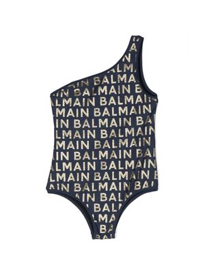 Balmain Kids logo-print off-shoulder swimsuit - Blue
