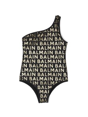 Balmain Kids logo-print one-shoulder swimsuit - White