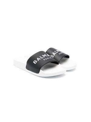 Balmain Kids logo-print open-toe slides - White