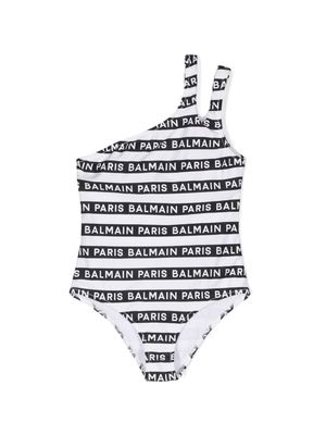 Balmain Kids logo-print striped swimsuit - White