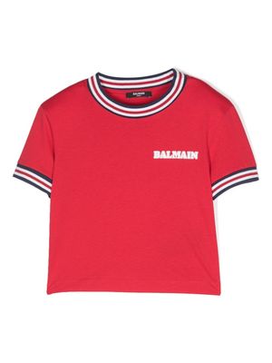 Balmain Kids logo-print striped-trim T-shirt - Red
