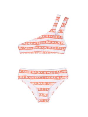 Balmain Kids logo stripe-print bikini - White