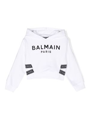Balmain Kids logo-stripe printed hoodie - White