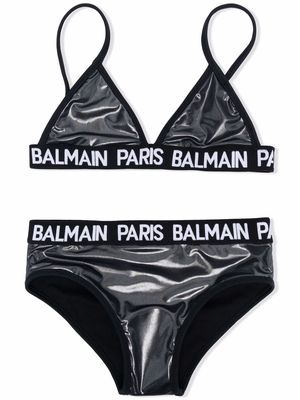 Balmain Kids logo-tape metallic bikini set - Black
